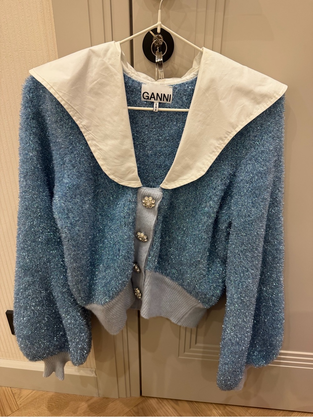 Ganni Blue Sparkle Cardigan with White Contrast Collar
